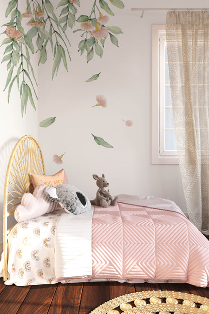 Australian wall decal featuring gum leaves and pink accents for a soft, serene nursery, part of Australia wall art prints.