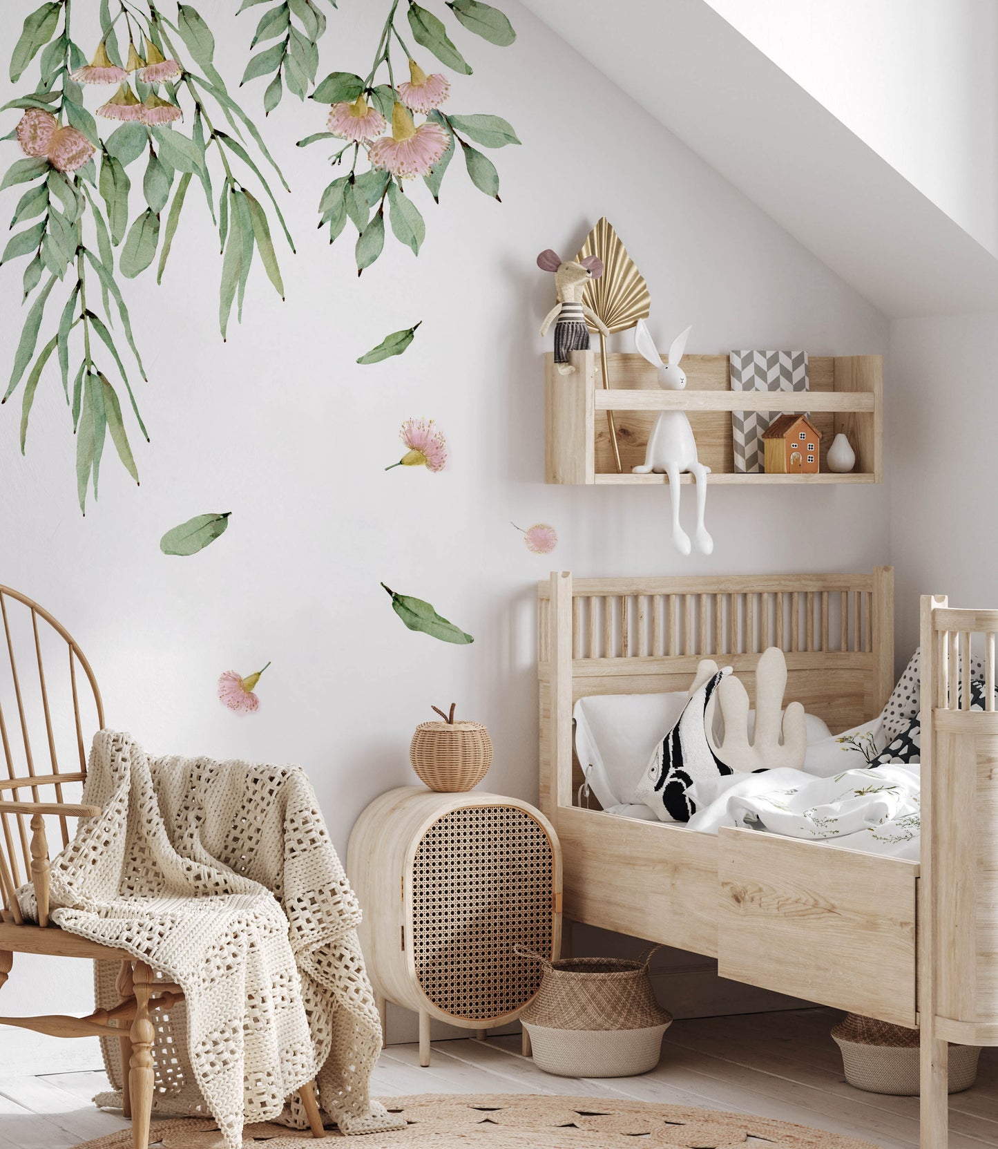 Australian wall decal featuring gum leaves and pink accents for a soft, serene nursery, part of Australia wall art prints.